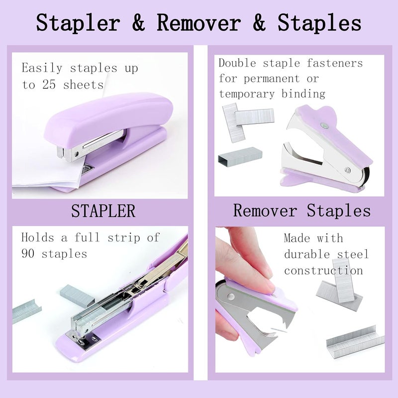Dimonluce Purple Desk Accessories, Purple Office Supplies Accessories with Tape Dispenser, Stapler, Staple Remover, 1000 Staples, Tape, Clips Set, Ruler, Scissor, Pen - Image 2